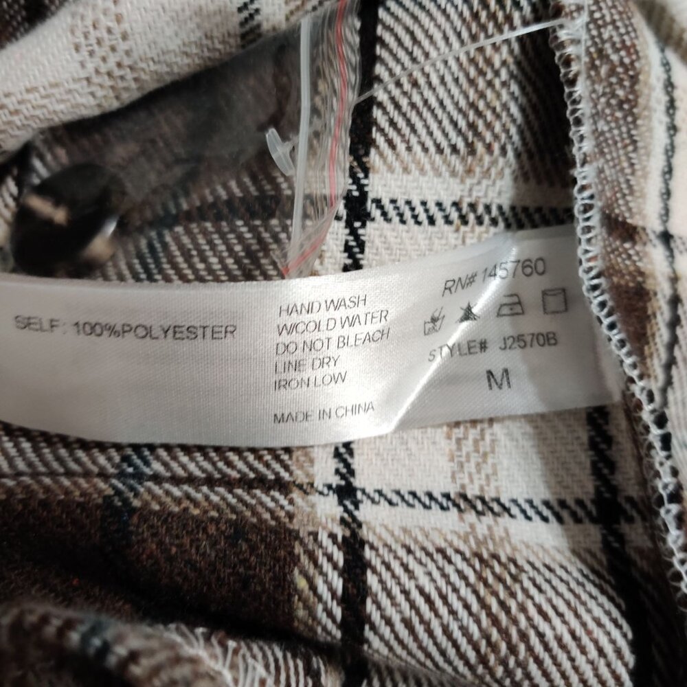 Camellia M Brown Plaid Longline Shirt Jacket Chest Pockets Button Front Shacket - Picture 3 of 9